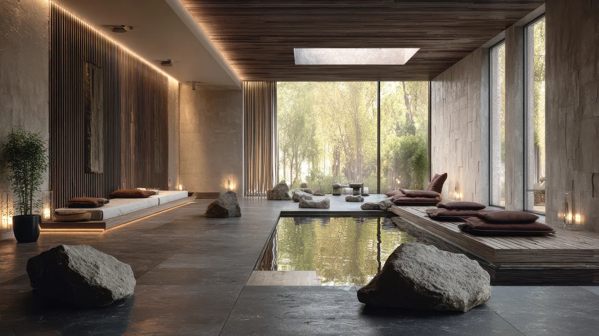 Luxury resort space with minimalist design, natural materials, and soft lighting