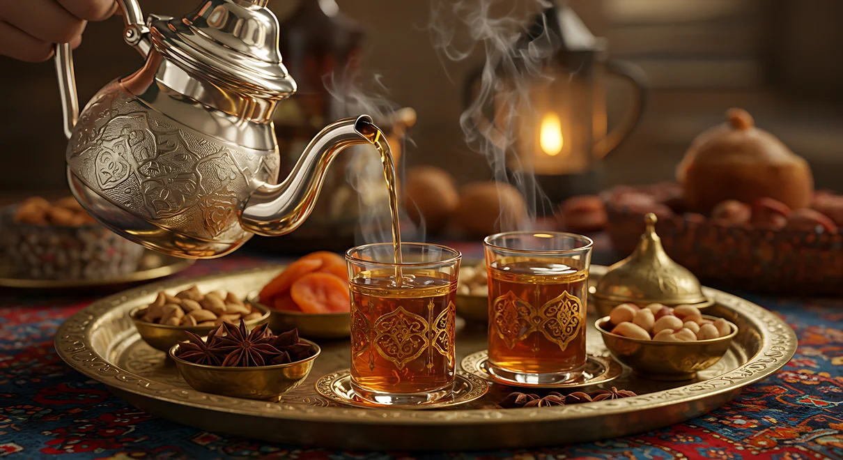 Moroccan tea ceremony with mint and ornate glasses.
